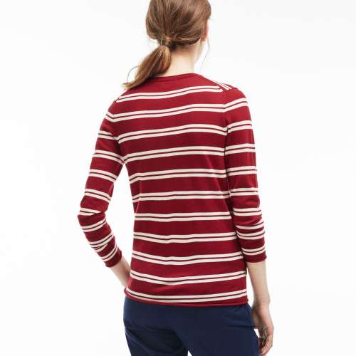 LACOSTE WOMENS WOMEN'S WOOL JERSEY STRIPED V-NECK SWEATER - TOKYO RED/FLOUR  online women clothes deals